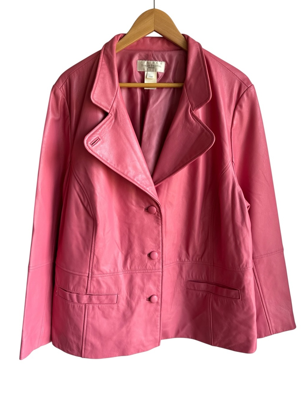 Susan Bristol Bubblegum Pink Leather Jacket Sz 20W Button Front Blazer Coat